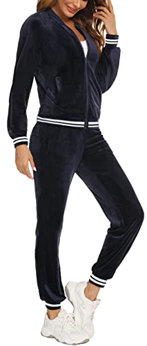 Enjyam Damen Nicky Freizeitanzug Samtweich Joggingananzug 2 Teiliger Herbst Anzug für Sport Zuhause, Langarm Zipjacke+Lange Hose,Navy,XL von Enjyam