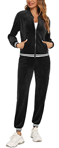 Enjyam Damen Nicky Freizeitanzug Samtweich Joggingananzug 2 Teiliger Herbst Anzug für Sport Zuhause, Langarm Zipjacke+Lange Hose,Schwarz,XXL von Enjyam