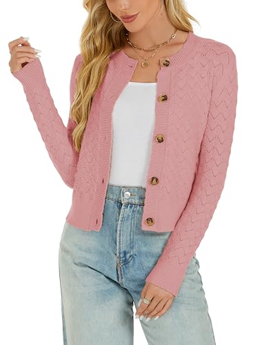 Enjyam Damen Strickjacke Elegant Langarm Rundhals Cardigan Leicht Bolero Jäckchen mit Knöpfe Weiche Strickweste Lachsrosa,XL von Enjyam