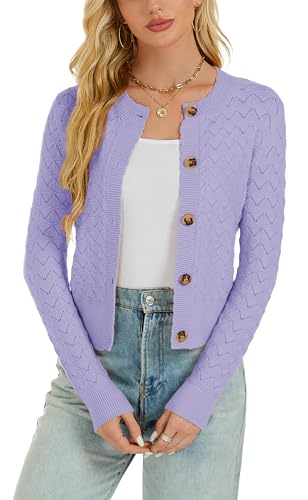 Enjyam Damen Strickjacke Elegant Langarm Rundhals Cardigan Leicht Bolero Jäckchen mit Knöpfe Weiche Strickweste Lila,L von Enjyam