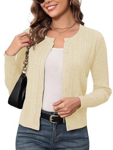 Enjyam Damen Strickjacke Kurz Elegant Langarm Rundhals Cardigan mit Zopfmuster Casual Leichte Jacke mit Knöpfen beige,S von Enjyam