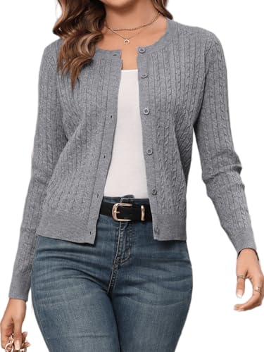 Enjyam Damen Strickjacke Kurz Elegant Langarm Rundhals Cardigan mit Zopfmuster Casual Leichte Jacke mit Knöpfen grau,M von Enjyam