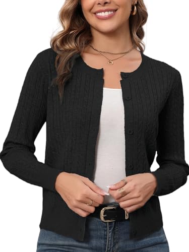 Enjyam Damen Strickjacke Kurz Elegant Langarm Rundhals Cardigan mit Zopfmuster Casual Leichte Jacke mit Knöpfen schwarz,XXL von Enjyam