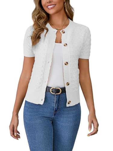 Enjyam Damen Strickjacke Kurzarm Elegant Kurz Cardigan mit Knöpfe Rundhals Weiche Leichte Jacke zum Top Kleid Weiß,L von Enjyam