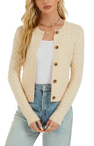 Enjyam Damen Strickjacke Langarm Elegant Kurz Cardigan mit Knöpfe Rundhals Weiche Leichte Jacke zum Top Kleid Beige,XXL von Enjyam