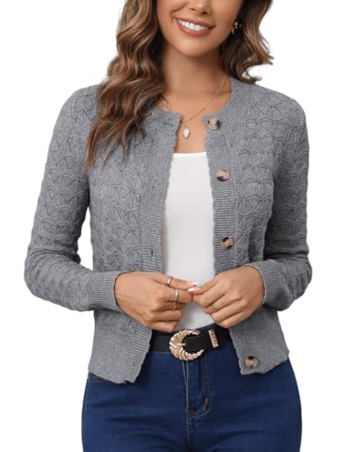Enjyam Damen Strickjacke Langarm Elegant Kurz Cardigan mit Knöpfe Rundhals Weiche Leichte Jacke zum Top Kleid Grau,M von Enjyam
