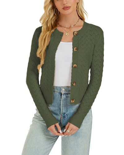 Enjyam Damen Strickjacke Langarm Elegant Kurz Cardigan mit Knöpfe Rundhals Weiche Leichte Jacke zum Top Kleid Grün,XXL von Enjyam