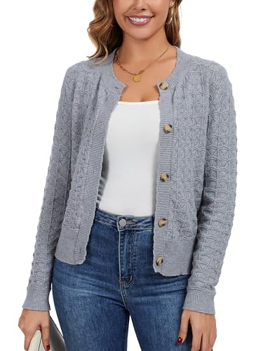 Enjyam Damen Strickjacke Langarm Elegant Kurz Cardigan mit Knöpfe Rundhals Weiche Leichte Jacke zum Top Kleid Hellgrau,L von Enjyam