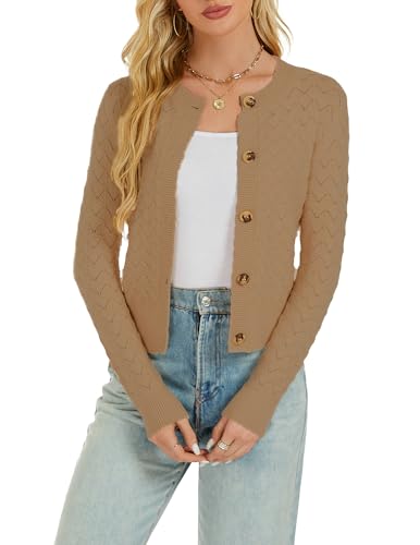Enjyam Damen Strickjacke Langarm Elegant Kurz Cardigan mit Knöpfe Rundhals Weiche Leichte Jacke zum Top Kleid Kamel,S von Enjyam
