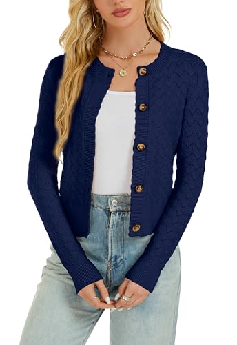 Enjyam Damen Strickjacke Langarm Elegant Kurz Cardigan mit Knöpfe Rundhals Weiche Leichte Jacke zum Top Kleid Navy,L von Enjyam
