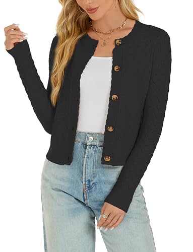 Enjyam Damen Strickjacke Langarm Elegant Kurz Cardigan mit Knöpfe Rundhals Weiche Leichte Jacke zum Top Kleid Schwarz,S von Enjyam