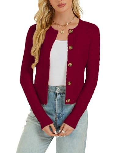 Enjyam Damen Strickjacke Langarm Elegant Kurz Cardigan mit Knöpfe Rundhals Weiche Leichte Jacke zum Top Kleid Weinrot,XXL von Enjyam