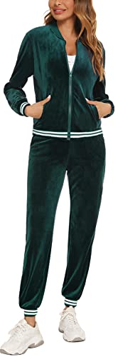 Enjyam Damen Velours Jogginganzug Kuschelig 2 Teiliger Anzug für Sport Frezeit Samt Hausanzug mit Bündchen, Bomberjacke+Hose,Grün,XXL von Enjyam
