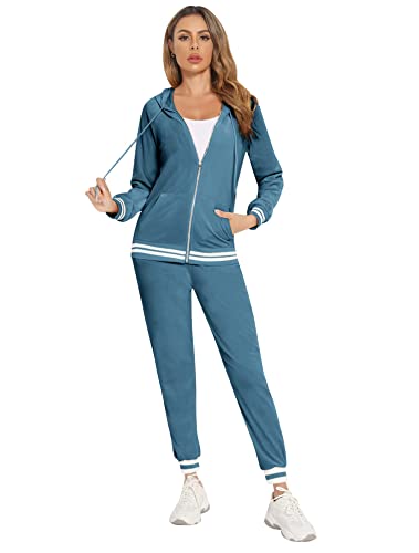Enjyam Damen Velours Trainingsanzug Kuschelig Nicki Hausanzug 2 Teiler Freizeitanzug Set Samtweich Kurze Jacke+Jogginghose,Blau,S von Enjyam
