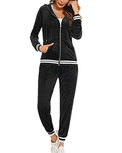 Enjyam Damen Velours Trainingsanzug Kuschelig Nicki Hausanzug 2 Teiliger Jogginganzug Zip Jacke und Jogginghose mit Tasche Schwarz,M von Enjyam