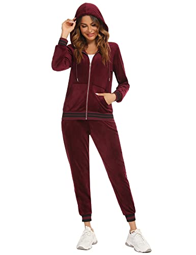 Enjyam Damen Velours Trainingsanzug Kuschelig Nicki Hausanzug 2 Teiliger Jogginganzug Zip Jacke und Jogginghose mit Tasche Weinrot,M von Enjyam