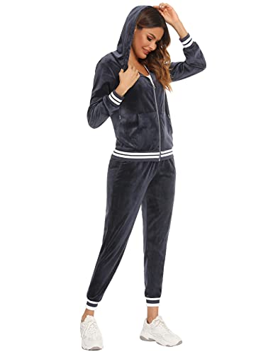 Enjyam Damen Velours Trainingsanzug Kuschelig Nicki Hausanzug 2 Teiliger Jogginganzug Zip Jacke und Jogginghose mit Tasche Grau,L von Enjyam