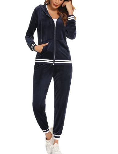 Enjyam Damen Velours Trainingsanzug Kuschelig Nicki Hausanzug 2 Teiliger Jogginganzug Zip Jacke und Jogginghose mit Tasche Navyblau,S von Enjyam