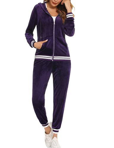 Enjyam Damen Velours Trainingsanzug Kuschelig Nicki Hausanzug 2 Teiliger Jogginganzug Zip Jacke und Jogginghose mit Tasche Violett,S von Enjyam