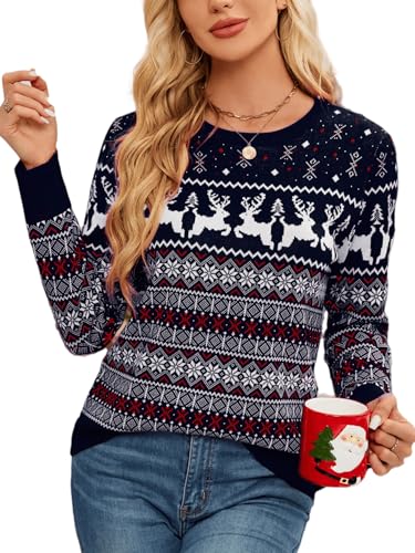 Enjyam Damen Weihnachtspullover Rundhals Lustiger Weihnachtspulli Feinstrick Norweger Pullover Kuscheliger Winterpulli Navy,S von Enjyam