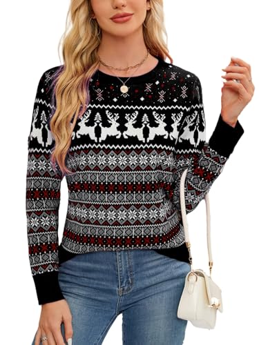 Enjyam Damen Weihnachtspullover Rundhals Lustiger Weihnachtspulli Feinstrick Norweger Pullover Kuscheliger Winterpulli Schwarz,M von Enjyam