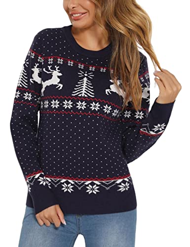 Enjyam Damen Weihnachtspullover Rundhals Strickpulli mit Rentier Weich Warm Norwegerpullover Winter Christmas Sweater Navy,XL von Enjyam