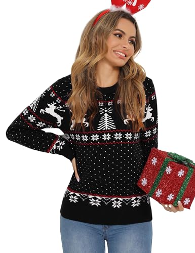 Enjyam Damen Weihnachtspullover Rundhals Strickpulli mit Rentier Weich Warm Norwegerpullover Winter Christmas Sweater Schwarz,L von Enjyam