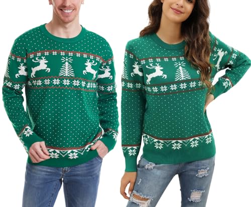 Enjyam Herren Weihnachtspullover Rundhals Norweger Strickpullover Warm Locker Weihnachtspulli Lustig Familie Christmas Sweater Grün,3XL von Enjyam