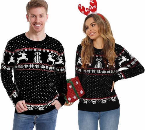 Enjyam Herren Weihnachtspullover Rundhals Norweger Strickpullover Warm Locker Weihnachtspulli Lustig Familie Christmas Sweater Schwarz,S von Enjyam