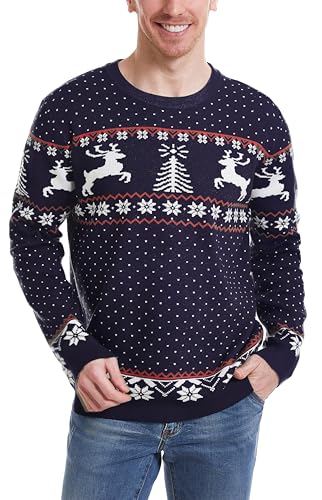 Enjyam Weihnachtspulli Herren Rundhals Weihnachtlich Strickpullover mit Rentier Gerippt Bündchen Kuschelig Norwegerpullover Navy,M von Enjyam