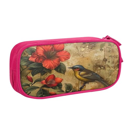 EnkzpoHen Federmäppchen mit Blumen- und Vogel-Kunstdruck, hohe Kapazität, Reise-Federmäppchen für Büro und Zuhause, doppellagiger Reißverschluss, rose, Einheitsgröße, Schulranzen-Set von EnkzpoHen