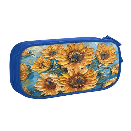 EnkzpoHen Federmäppchen mit Ölgemälde-Sonnenblumen-Druck, hohe Kapazität, Reise-Federmäppchen für Büro und Zuhause, doppellagiger Reißverschluss, blau, Einheitsgröße, Schulranzen-Set von EnkzpoHen