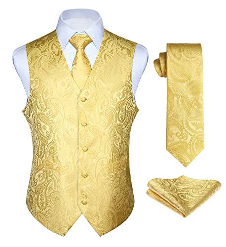 Enlision Anzugweste Gold Herren Hochzeit Paisley Westen & Krawatte Einstecktuch Party Floral Jacquard Anzug Weste Set L von Enlision