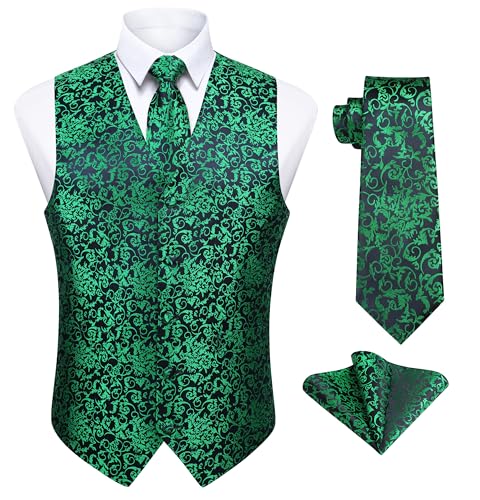 Enlision Anzugweste Grün Herren Hochzeit Paisley Westen & Krawatte Einstecktuch Party Floral Jacquard Anzug Weste Set 4XL von Enlision