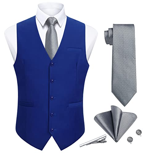 Enlision Anzugweste Herren Blau Formale Elegant Weste Krawatte Einstecktuch Set Einfarbige Baumwolle Anzugwesten für Hochzeit Party 4XS von Enlision