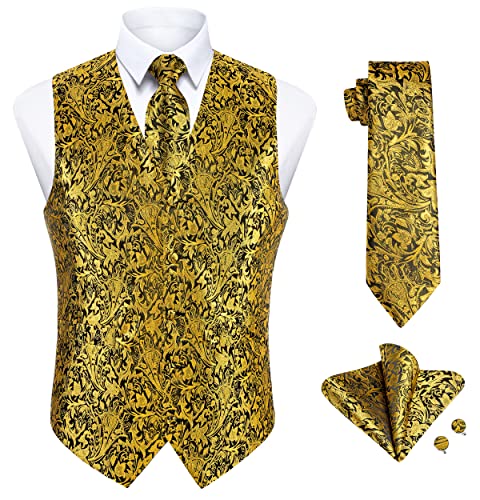 Enlision Anzugweste Herren Gold Weste Paisley mit Krawatte Einstecktuch Manschettenknöpfe Anzugwesten Hochzeit Elegant Männer Floral Anzug Weste mit Taschen 4XL von Enlision