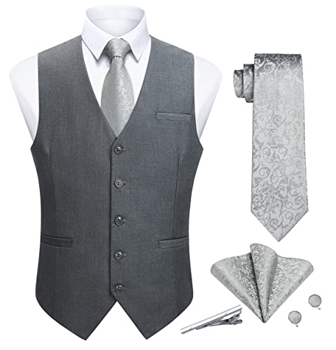 Enlision Anzugweste Herren Grau Formale Hochzeits Weste Krawatte Einstecktuch Set Einfarbige Elegant Westen für Männer 2XL von Enlision