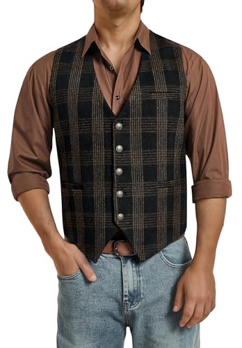 Enlision Anzugweste Herren Schwarz Plaid Kariert Hochzeit Regular Fit Wolle Anzug Weste für Manner Tweed Formale V-Ausschnitt M von Enlision