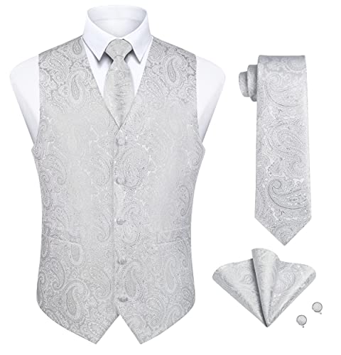 Enlision Anzugweste Herren Weiß Weste Paisley mit Krawatte Einstecktuch Manschettenknöpfe Anzugwesten Hochzeit Elegant Männer Floral Anzug Weste mit Taschen 4XL von Enlision