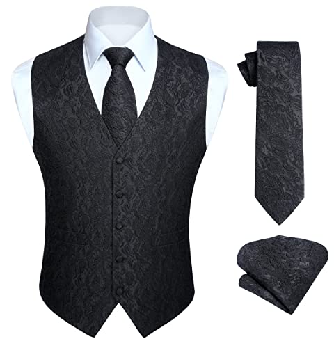 Enlision Anzugweste Schwarz Herren Hochzeit Paisley Westen & Krawatte Einstecktuch Party Floral Jacquard Anzug Weste Set 4XL von Enlision