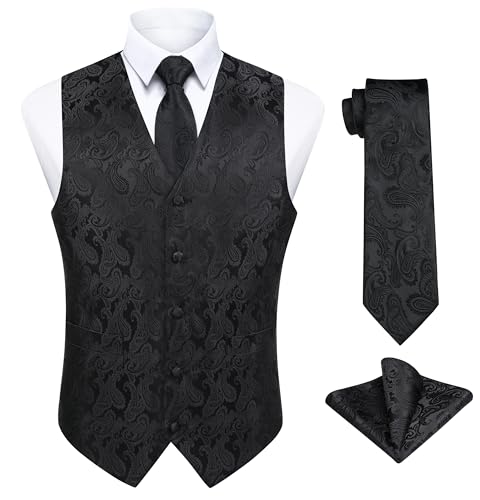 Enlision Anzugweste Schwarz Herren Hochzeit Paisley Westen & Krawatte Einstecktuch Party Floral Jacquard Anzug Weste Set XXL von Enlision