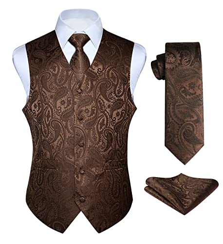 Enlision Anzugweste braun Herren Hochzeit Paisley Westen & Krawatte Einstecktuch Party Floral Jacquard Anzug Weste Set S von Enlision