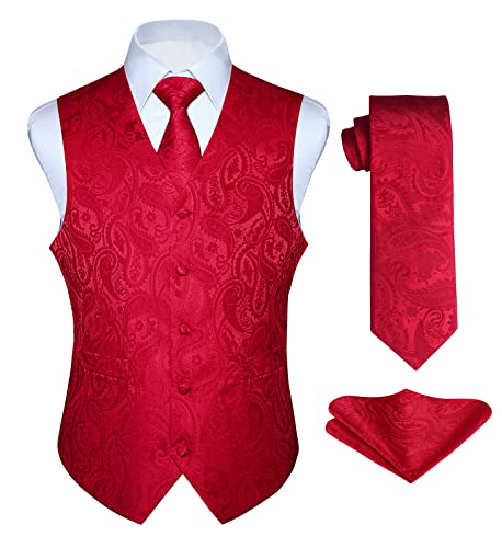 Enlision Anzugweste rot Herren Hochzeit Paisley Westen & Krawatte Einstecktuch Party Floral Jacquard Anzug Weste Set L von Enlision