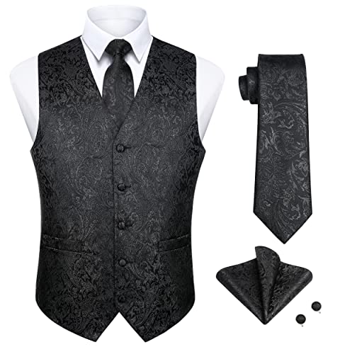 Enlision Anzugweste Herren Schwarz Weste Paisley mit Krawatte Einstecktuch Manschettenknöpfe Anzugwesten Hochzeit Elegant Männer Floral Anzug Weste mit Taschen 3XL von Enlision