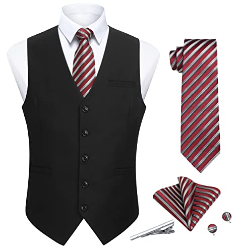 Enlision Anzugweste Herren Schwarz Formale Anzug Westen Krawatte Einstecktuch Set Einfarbige Weste für Hochzeit Geschäftlich Party 2XL von Enlision