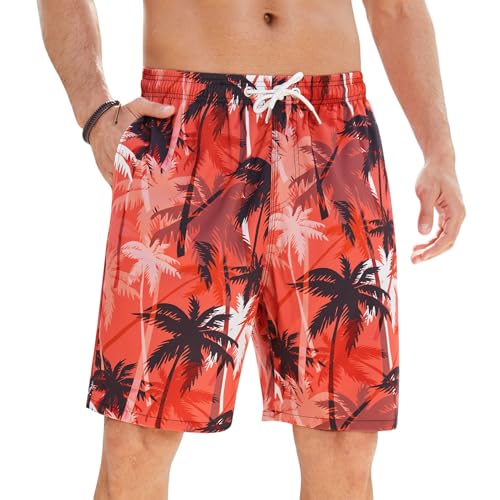 Enlision Badehose Herren Badeshorts Hawaii Shorts Orange Palmen Muster Schnelltrocknend Schwimmhose Surfn Boardshorts für Männer mit Mesh Futter XXL von Enlision