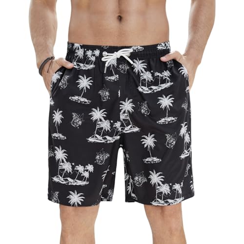 Enlision Badehose Herren Badeshorts Hawaii Shorts Schwarz Palmen Muster Schnelltrocknend Schwimmhose Surfn Boardshorts für Männer mit Netzfutter XXL von Enlision