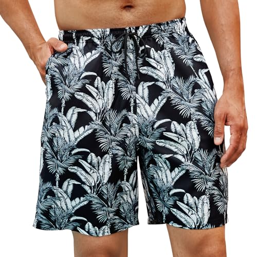 Enlision Badehose Herren Kurz Badeshorts Palmen Badehosen Schwarz Strandhose Sporthose Hawaii Freizeit Hose Sommer Surf Bade Shorts für Männer XL von Enlision