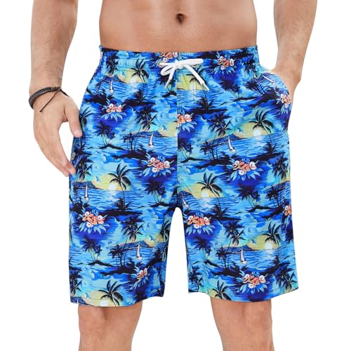 Enlision Badehosen für Herren Badeshorts Hawaii Hose Schnelltrocknend Blau Palme Muster Sommer Strand Shorts Boardshorts Männer mit Netzfutter L von Enlision