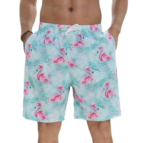 Enlision Badeshorts für Herren Badehose Hawaii Shorts Hellblau Kurze Hose Schnelltrocknend Flamingos Gemustert Boardshorts Männer mit Netzfutter M von Enlision
